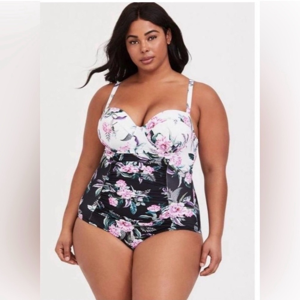 torrid Black One-Piece Swimsuit with Pink Floral & Strappy Back plus size 2 2x